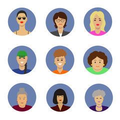Female avatar icons vector set. People characters in flat style. Design elements isolated on background. Faces with different styles