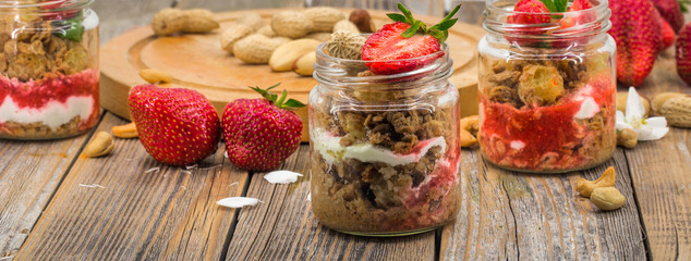 fresh berries, strawberry, glass jar with Breakfast