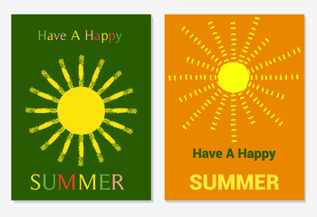 Vector set of design templates with sun in grungy style, varicolored leaflets and frames, collection of colorful pages for gift card, cover, book, printing.Have A Happy Summer Illustration.