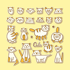 Set of hand drawn funny cats on yellow background.