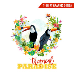 Tropical Graphic Design. Toucan and Tropical Flowers. Tropical Background