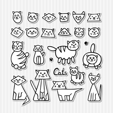 Set of hand drawn funny cats on grey striped background.