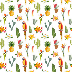 Naklejka premium Tropical Background. Parrot Bird. Cactus Background. Tropical Flowers