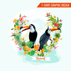 Tropical Graphic Design. Toucan and Tropical Flowers. Tropical Background