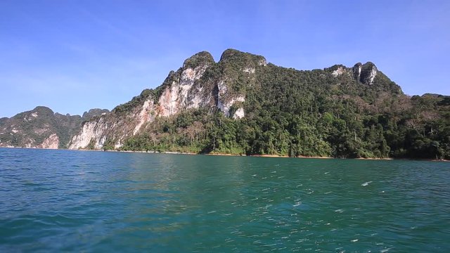 View sitting in a boat travel in lake at Khao Sok National Park, Surat Thani, Thailand