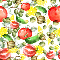 Panele Szklane Podświetlane  Akwarela bezszwowe wzór. Oliwki, plasterki cytryny, gałązki, czosnek, jagody, warzywa na białym tle