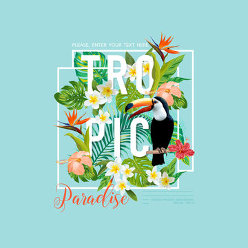Tropical Bird and Flowers. Toucan Bird. T-shirt Graphic Design.