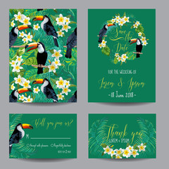 Save the Date Card. Tropical Flowers and Birds. Wedding Invitation Card Set