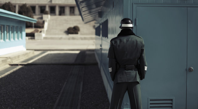 Rear view of soldier standing at Korean Demilitarized Zone, South Korea