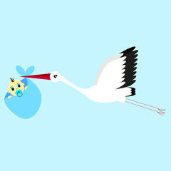 cartoon vector illustration of a stork delivering a newborn baby boy