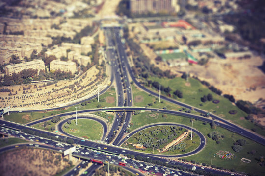 Tilt-shift image of highway in city, Tehran, Iran