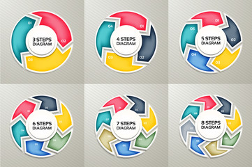 Vector circle arrows sign infographic set. 3, 4, 5, 6, 7, 8 options, parts, steps. Cycle diagram, symbol graph, puzzle presentation, round chart. Business infographics concept template. 