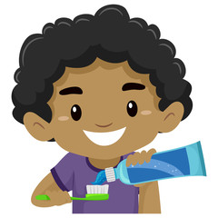 Vector Illustration of Kid Boy putting Toothpaste on his Toothbrush