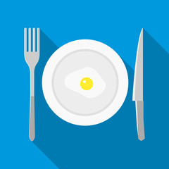 Plate with fried egg icon in flat style