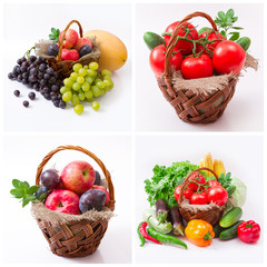 Fresh vegetables with green leaves, fruits in baskets on white