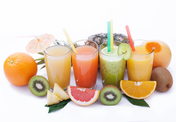 Fruits smoothies, summer cool drinks top view macro