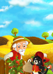 Obraz na płótnie Canvas Cartoon scene of man standing near the fence and talking to cat - tomato garden - illustration for children