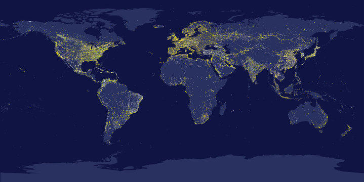 Earth's city lights map with silhouettes of continents