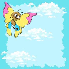 Pretty butterfly in the sky. Cartoon vector card.