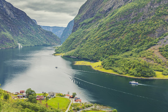 Beautiful scene of mountain and fjord, Neroy Fjord, Flam, Norway