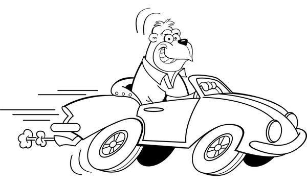 Black and white illustration of a gorilla driving a car.