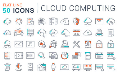 Set Vector Flat Line Icons Cloud Service