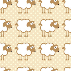 Seamless pattern with sheep on warm dotted background.