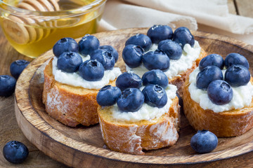 Crostini with ricotta cheese, blueberries and honey