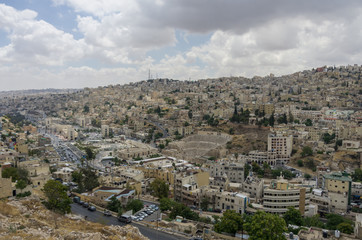 Fototapeta na wymiar Cityscape of Amman downtown with Roman amphitheatre from citadel, Amman, Jordan