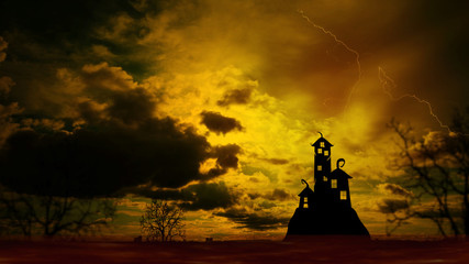 Halloween Nightly Background with castle silhouette on the hill