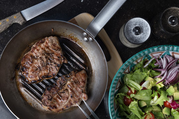 Steak cooking on grille pan. Fresh, delicious, spicy meat on a kitchen with copy space closeup