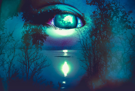Halloween horror background. Double exposure of eye combined with spooky forest with moon and river. 