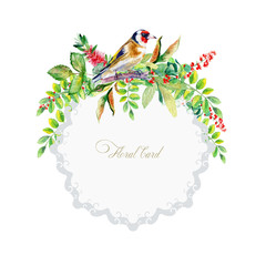 Round frame of colorful watercolor  goldfinch and some leaves, berries.  Watercolor  illustration of flowers and bird. Can be used as a greeting card.