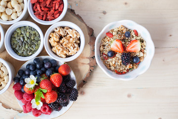 Paleo style breakfast: gluten free grain free oat free granola with mixed nuts, and fresh berries and fruits, selective focus