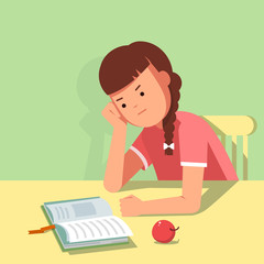 Kid reading a book at the table. Vector illustration of reading kid in the room. The girl sits at the table his head in his hand. The girl learns lessons