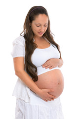 Pregnant woman holding hands on belly. Isolated on white background.