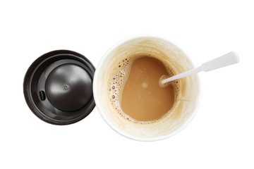 Hot coffee in paper cup seen from top isolated on white backgrou