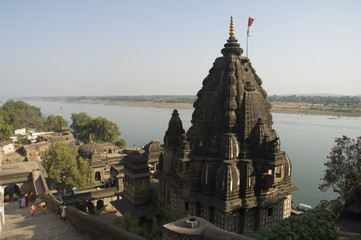 View of the Shiva Temple with the Narmada river in background, Maheshwar, Madhya Pradesh