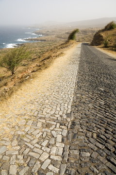 Cobblestone road on north coast of Santiago, Cape Verde Islands, Atlantic Ocean