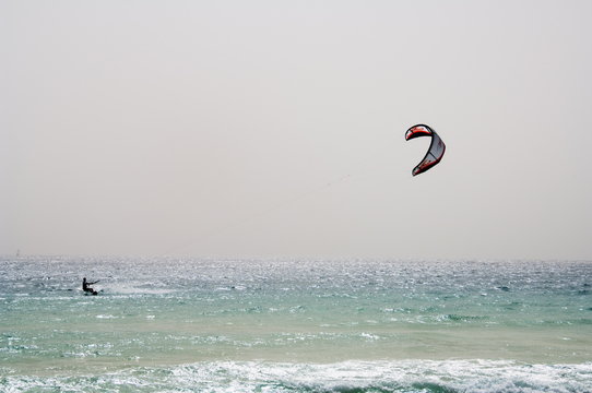 Kite surfing at Santa Maria on the island of Sal (Salt), Cape Verde Islands, Atlantic Ocean