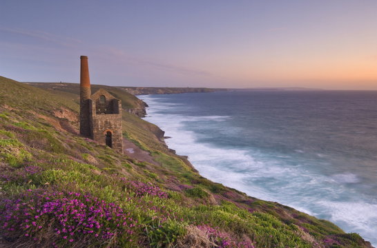 Wheal Coates, abandoned disused Cornish tin mine at sunset, near St. Agnes, North Cornwall