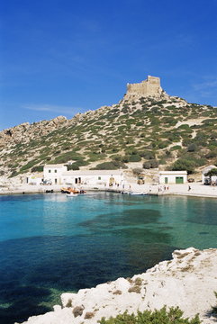 Harbour and fortress, Cabrera Island, Cabrera National Park, Balearic Islands, Spain, Mediterranean