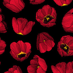 Vector graphic hand-drawn ink seamless pattern of red tulip flowers in a linear style. Vintage texture. Drawn on paper and traced buds of tulips from different angles. For textile, fabric, invitation.