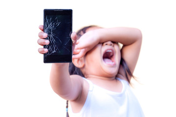 child holding broken smartphone