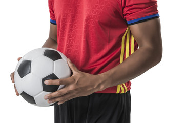 Portrait of soccer player. Isolated on white