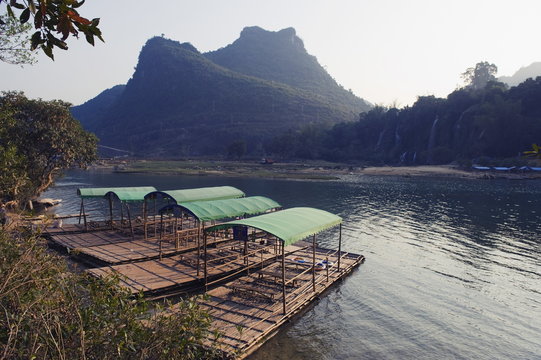 Bamboo rafts on the river at Detian Falls, Guangxi Province, China