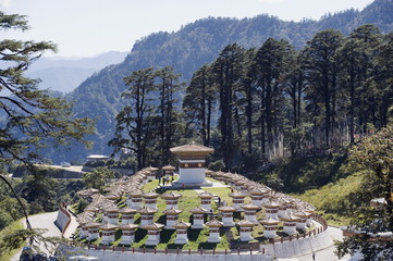 Site of 108 chortens built in 2005 to commemorate a battle with militants, Dochu La pass, 3140m, Bhutan, Himalayas