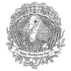 Thanksgiving Day greeting card with turkey, vegetables and fruits in cartoon style - 113093809