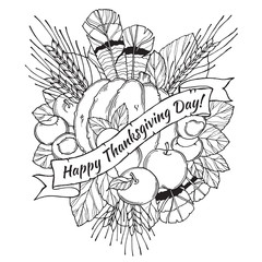 Thanksgiving Day greeting card with spikes, feathers, chestnuts, vegetables and fruits