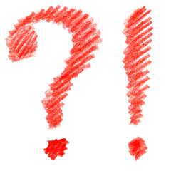 The exclamation point and question mark. Bright Red crayon hand drawn spot. Hatching colored pencil.